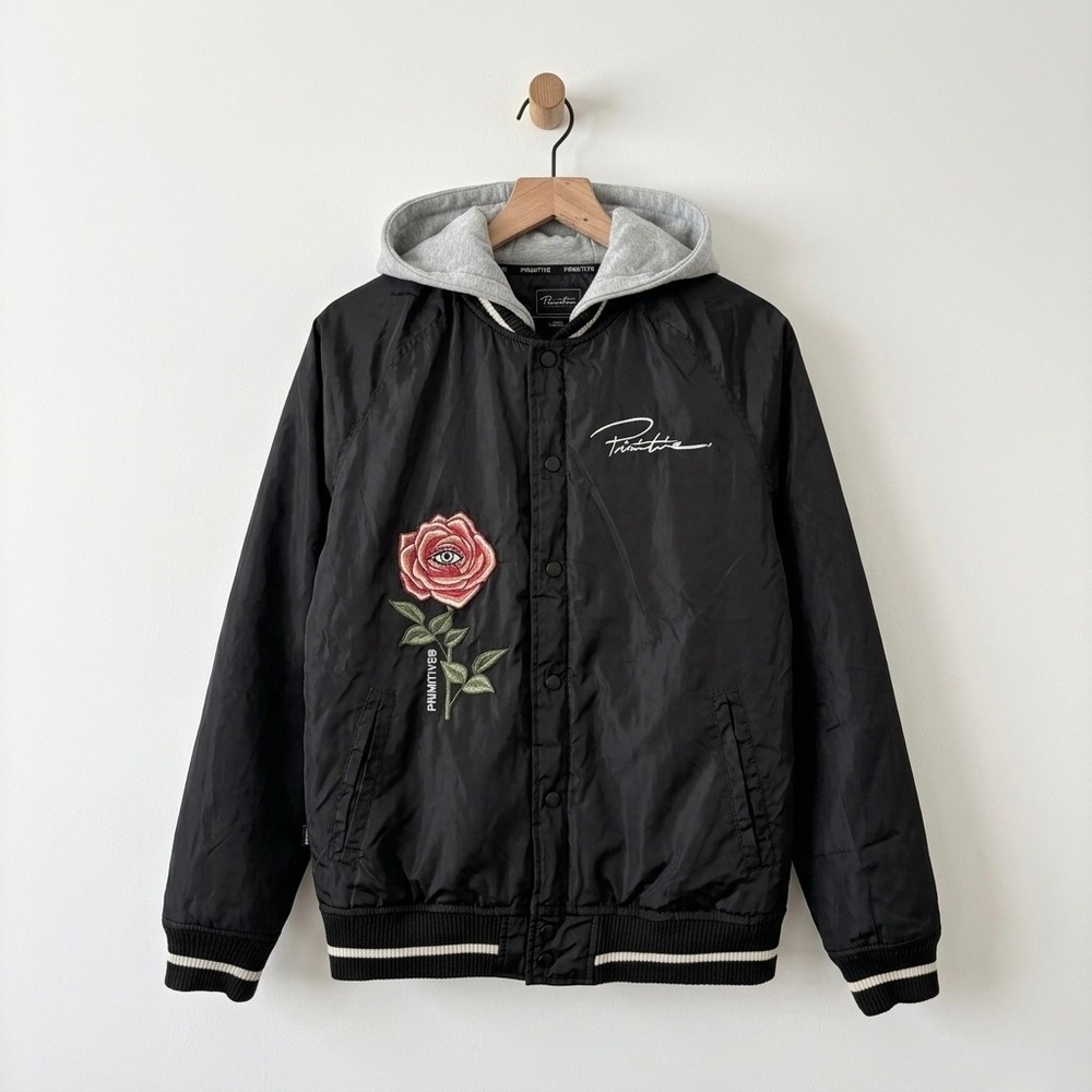 Primitive Skateboarding Mens Small Black Hooded Varsity Jacket Rose Embroidery